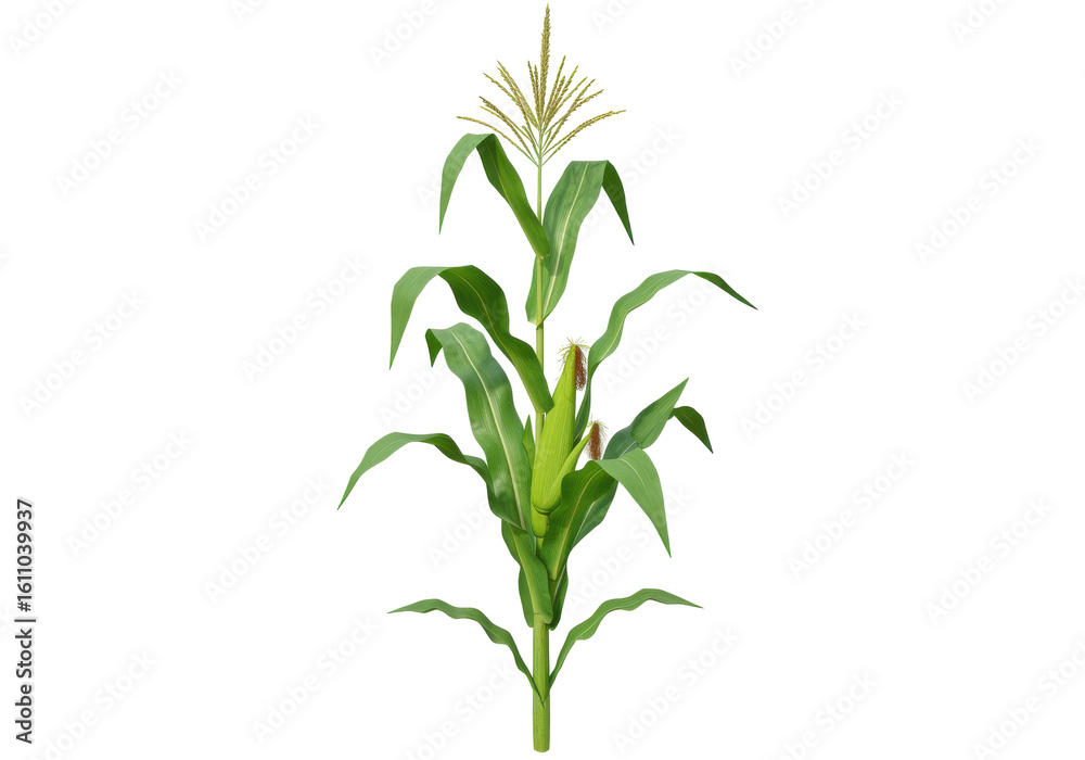 Fototapeta premium Lush corn plant standing tall with vibrant green leaves and golden tassels under sunlight