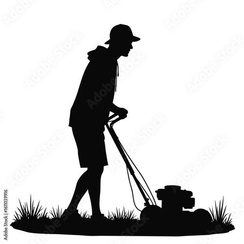 Silhouette of man mowing lawn wearing cap and shorts grass