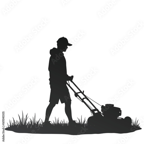 Silhouette of man pushing lawnmower through grass person