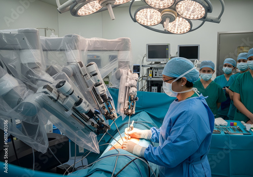 Robotic surgery assisting surgeon performing operation with surgical instruments in operating room