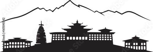 Black Skyline Vector of Thimphu Includes Tashichho Dzong and Himalayan Silhouette Bhutan Capital in Flat Vector Style