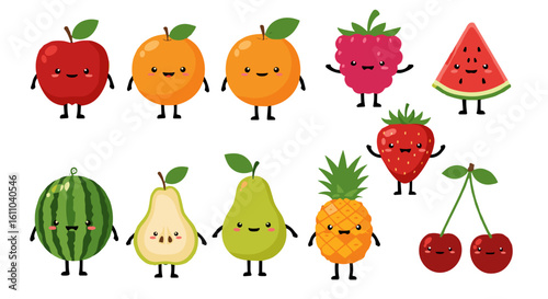 10 cute anthropomorphic fruits with cheerful expressions and limbs