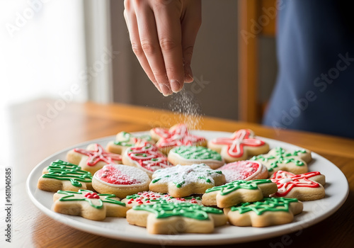 Hand sprinkling icing sugar on a plate of delicious christmas cookies