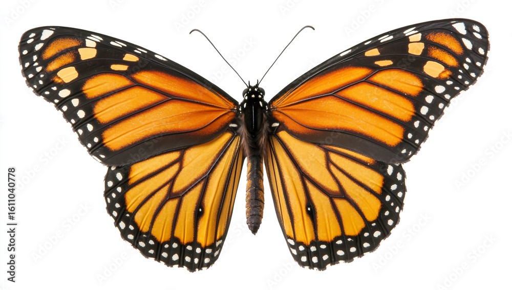 Fototapeta premium A single Monarch Butterfly in flight, isolated on a white background.