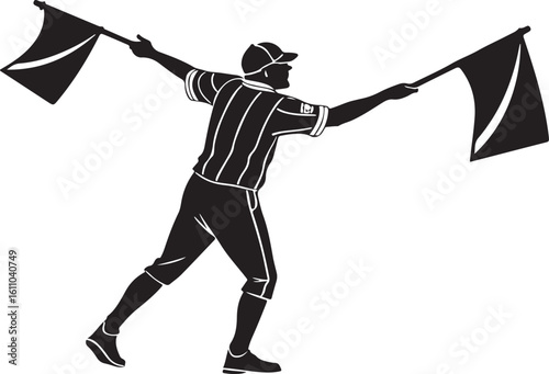 Silhouette of a linesman signaling with flags for offside or penalty