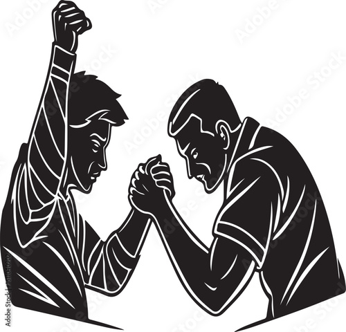 Arm wrestling competition depicting strength and perseverance in classic black and white graphic
