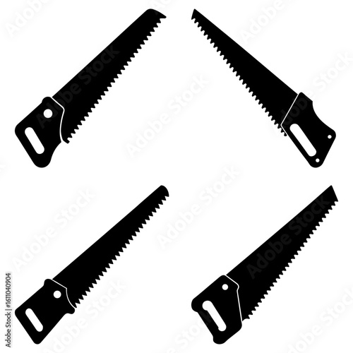 Four black silhouette illustrations of hand saws arranged on a white background in a square pattern