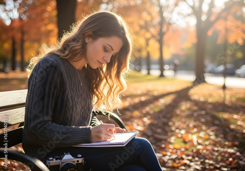 Caucasian woman in her twenties writing notes in a park during a beautiful autumn day