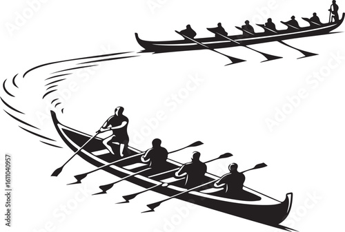 Black and white illustration of crew rowing boats racing with skilled athletes