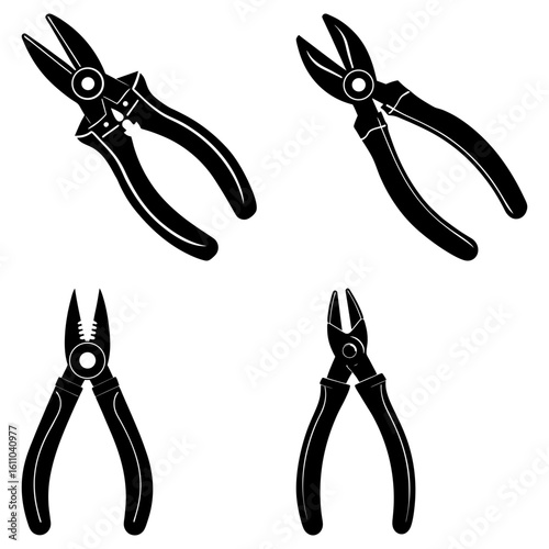 Illustration showing four different types of pliers in black silhouette on a white background image