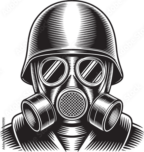 Engraved Soldier Vector Illustration – Gas Mask, Helmet, and Retro War Survivor Style