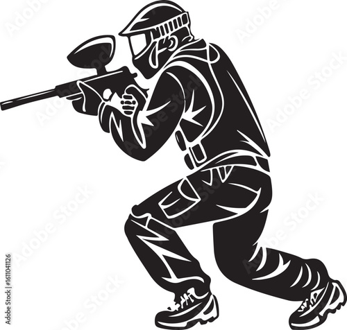 Silhouette illustration of a paintball player aiming a marker in action ready to compete