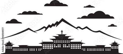 Black Skyline Vector of Thimphu Includes Tashichho Dzong and Himalayan Silhouette Bhutan Capital in Flat Vector Style