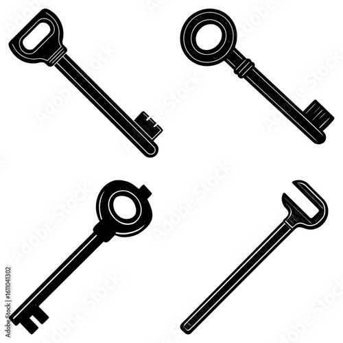 Illustration showing a set of four different types of keys in black and white on a white background