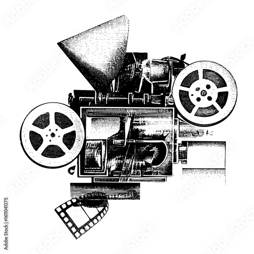 Vector Vintage film projector with reels and filmstrip .