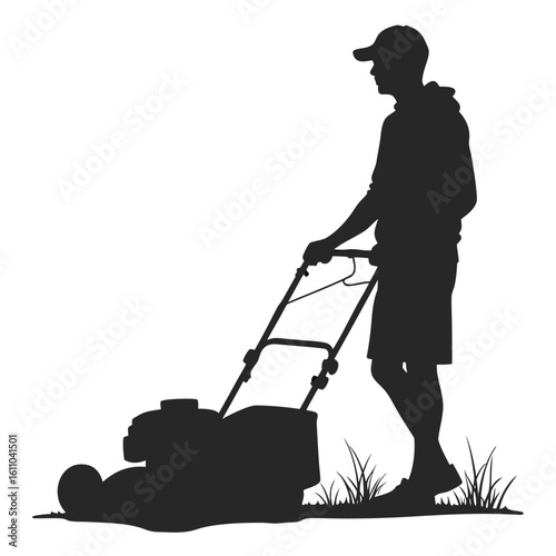 Silhouette of person mowing lawn with machine vector