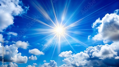 Bright Sun Shining Through Blue Sky with White Clouds Background