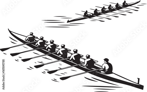 Illustration of two rowing teams in action with oarsmen in a black and white design