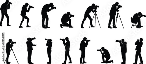 Silhouettes of professional photographers in various camera shooting positions, tripod setups, standing, kneeling, crouching, isolated on white background