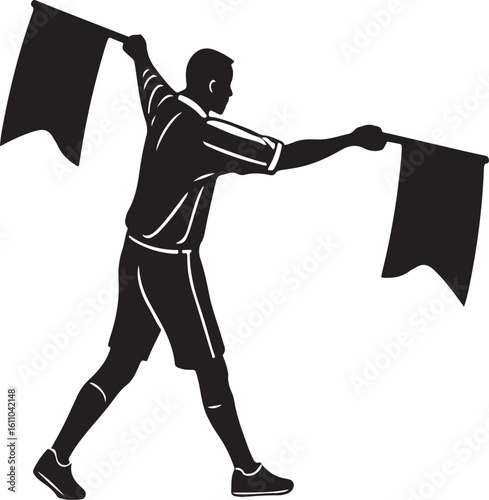 Silhouette of a soccer referee signaling with flags on a clean white background