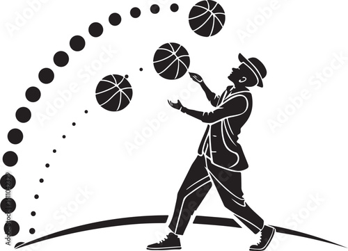 Stylish silhouette of a person juggling basketballs in dynamic and skillful motion