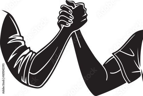 Arm wrestling graphic depicting competition strength and power in monochrome style