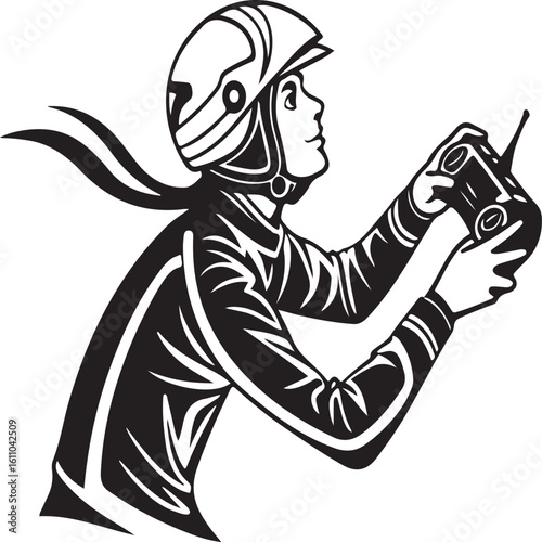 Black and white illustration of a person operating a remote control for a drone or rc toy
