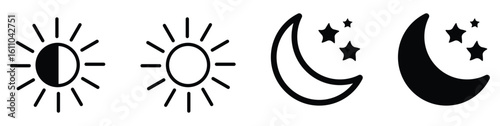 Sun and moon icon set. vector day and night or dark and light mode icons brightness symbol for toggle switche and brightness controls. Vector illustration.