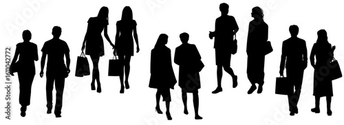 Set of silhouettes of men and women, walking business people, front and back view, vector, profile, black, isolated on white background