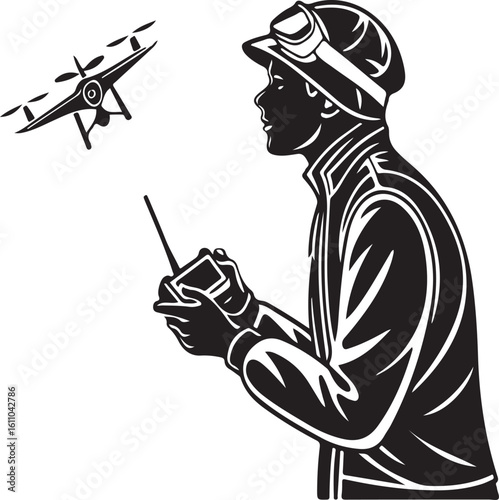 Silhouette illustration of a man operating a drone with remote control and goggles