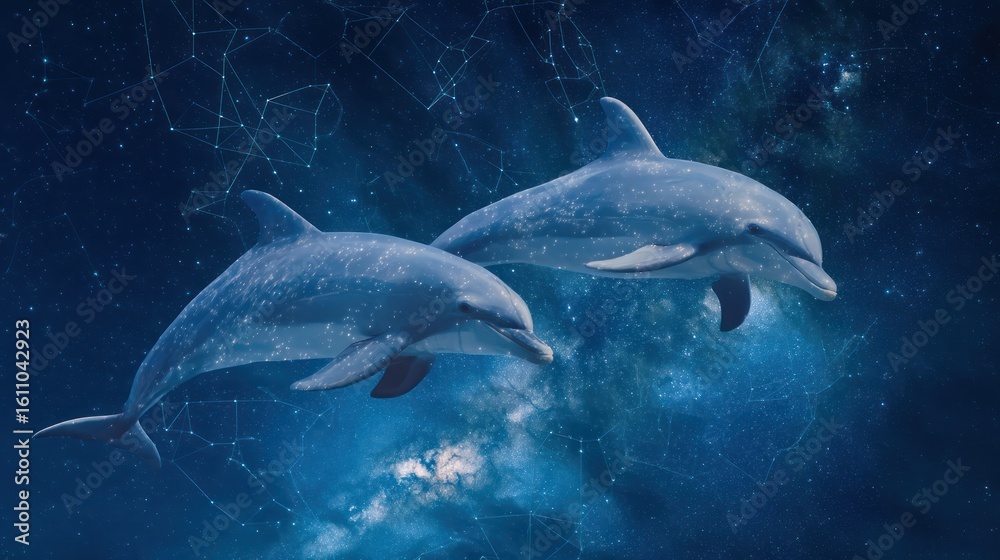 Fototapeta premium Dolphins leaping under a dark sky filled with shimmering stars and constellations