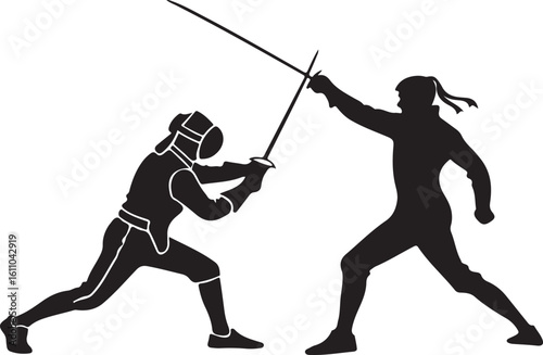 Silhouette of two fencers in action engaging in intense sword fight competition