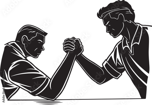 Two men engaged in an intense arm wrestling match silhouette vector illustration