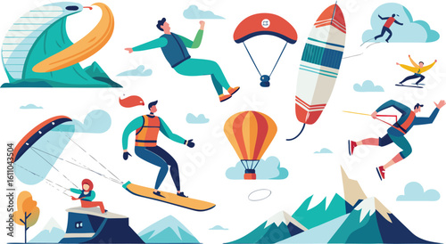 Diverse extreme sports and adventure activities illustration with people and equipment activity recreation