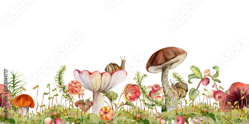 Quadro su tela Birch bolete cep russula scaber stalk mushroom, snail, horsetail plant, cranberry lingonberry berries twigs on top of moss cushion with spore stalks