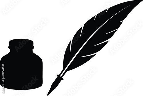  feather pen and ink bottle silhouette vector