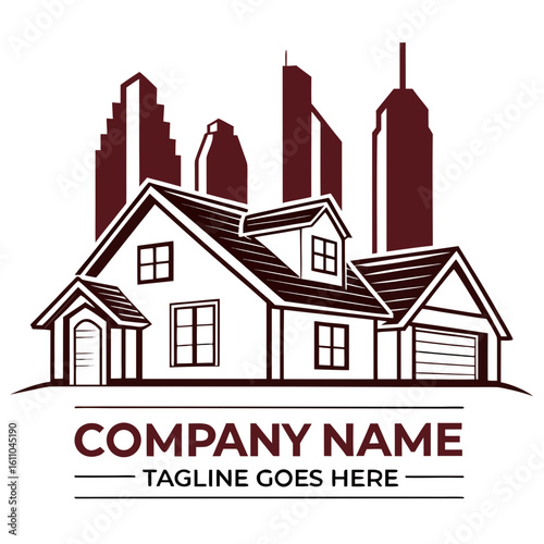 Suburban Home and City Skyline Real Estate Logo Vector - Residential Property, Classic House, and Monochromatic Branding Design