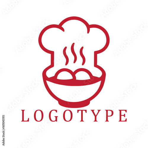 Minimalist red and white logo featuring a steaming bakso bowl cleverly integrated with a chef’s hat, simple and iconic.