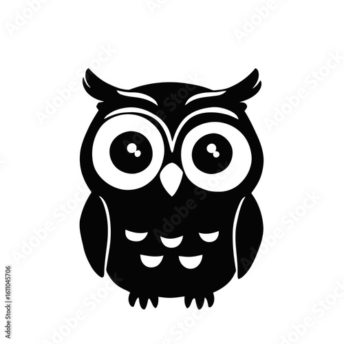 Funny, cute cartoon animal vector illustration of a happy baby owl character with a big smile and loving eyes