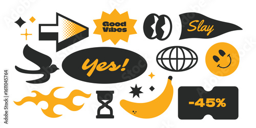 Trendy stickers collection with gen z and millenials internet slang words.  Groovy fun design patch character.