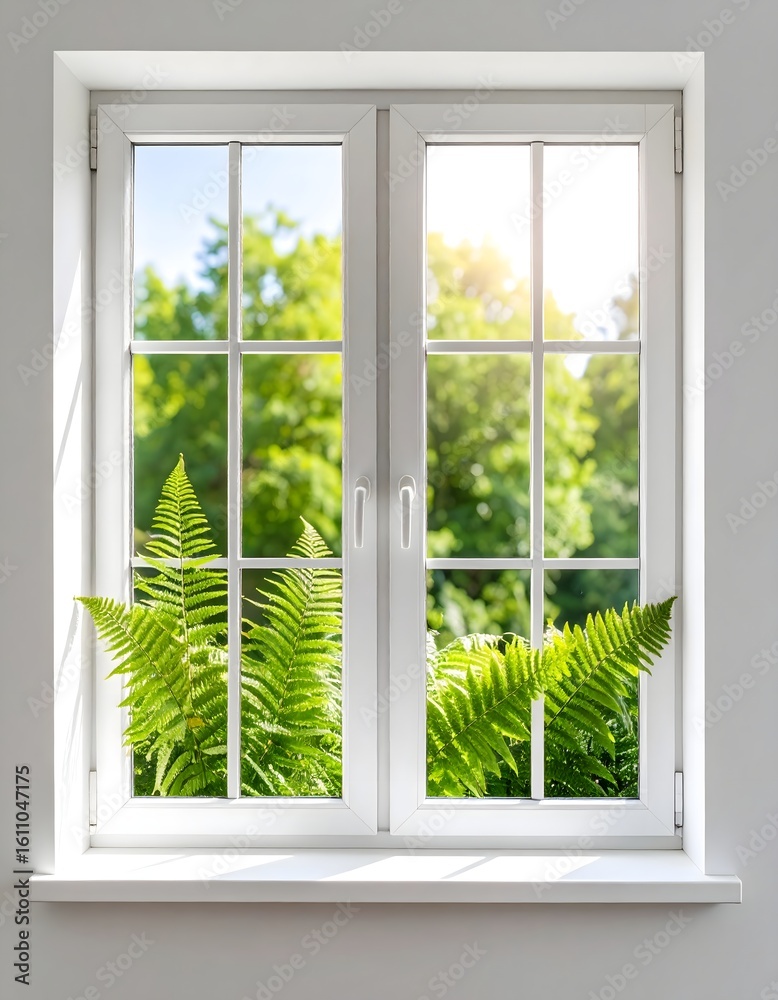 Obraz premium Sunlight streams through a white window, illuminating vibrant ferns growing indoors against a green backdrop.