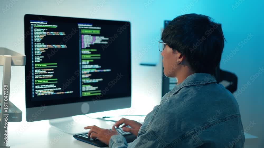 Software developer reviewing code on desktop monitor in focused ...