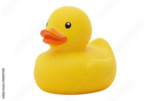 A bright yellow rubber duck floating serenely in a calm blue water setting