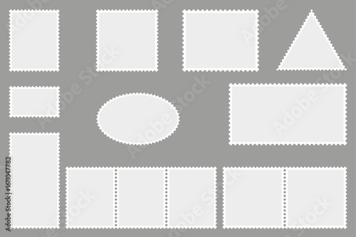 blank postage stamp collection, flat design, different shapes