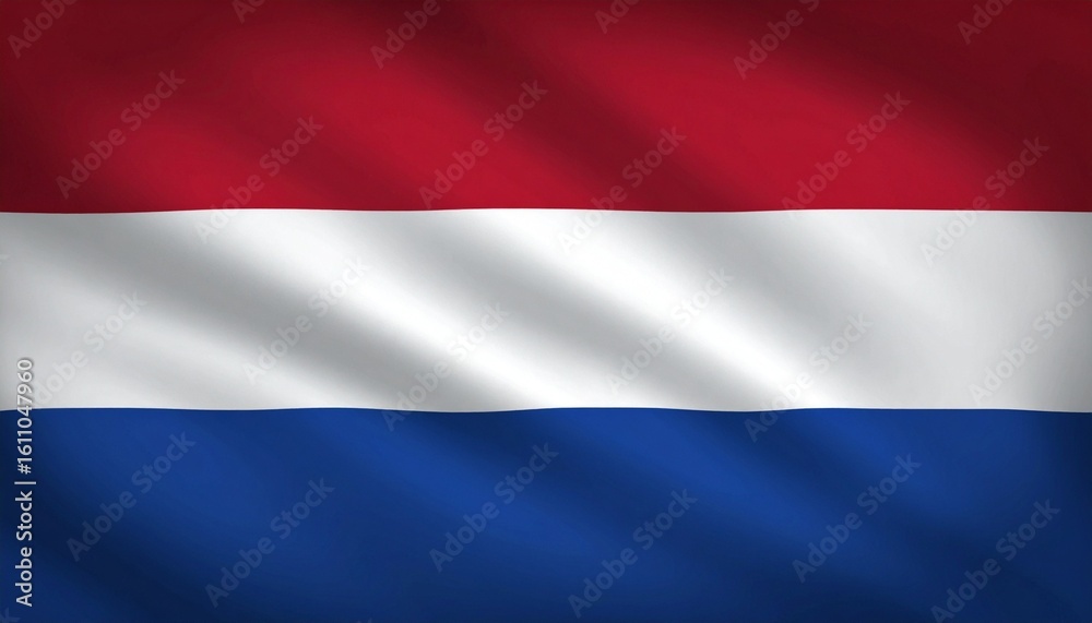 Fototapeta premium Netherlands flag tribute in minimalist layout, horizontal tricolor bands, clean symmetry, cultural identity focus, textured flat backdrop, modern patriotic theme.