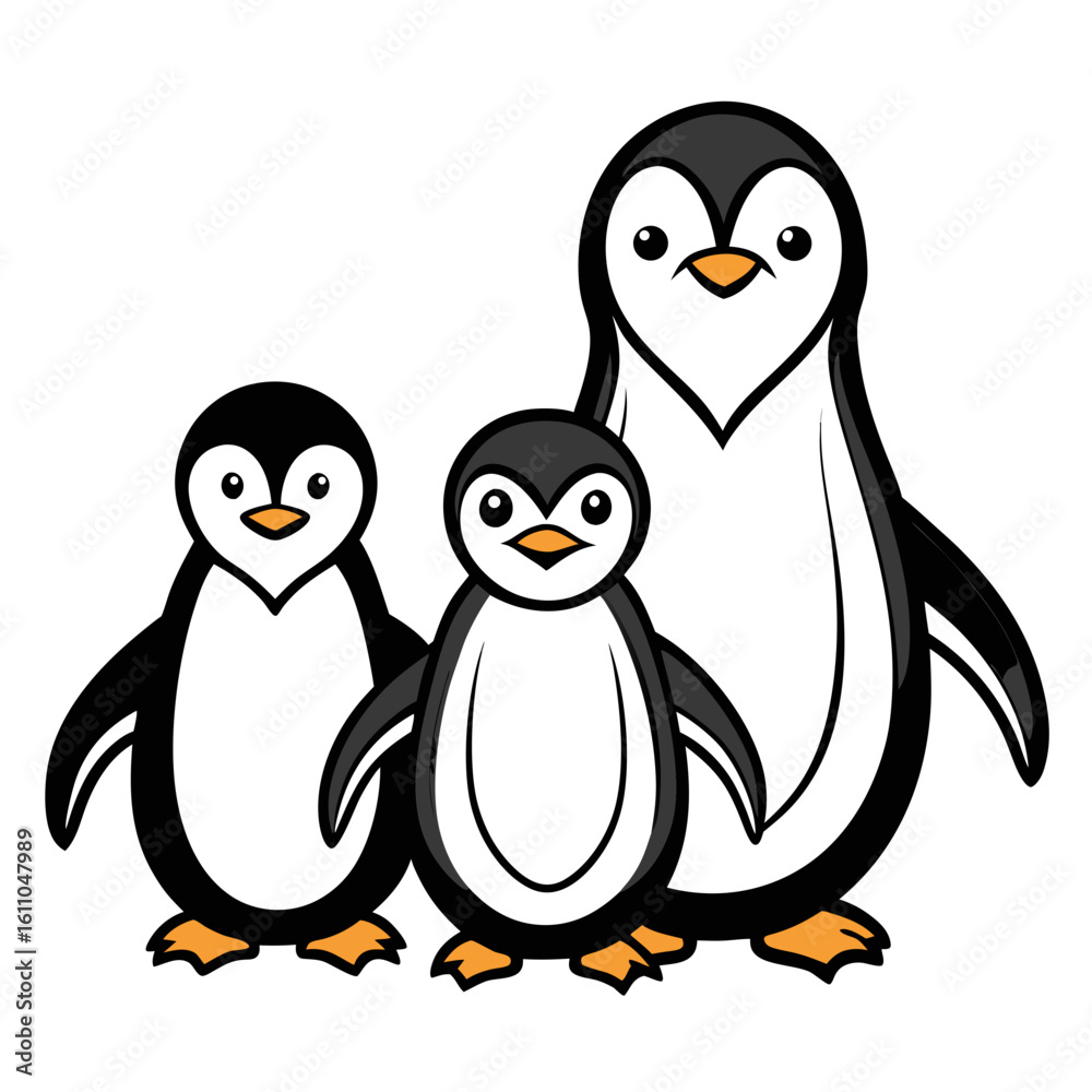Fototapeta premium Three Penguin one baby penguin outline vector on white background