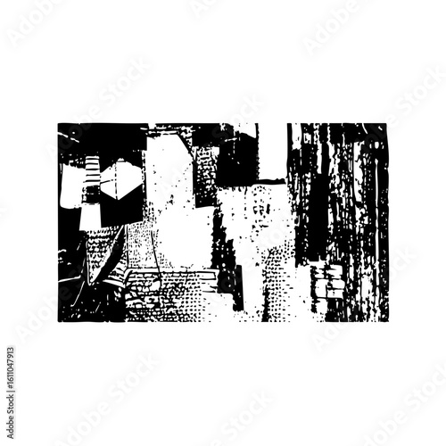 Vector Abstract cityscape features geometric buildings and textured details.