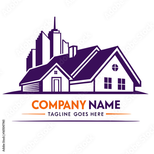 Violet Real Estate Logo Vector with Purple House and Urban Skyline - Property Management, Residential Development, and Corporate Branding