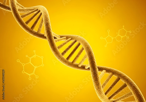 A golden spiral DNA strand with a yellow background. Concept of mystery and wonder, as the spiral shape of the DNA strand is reminiscent of the double helix structure of the molecule