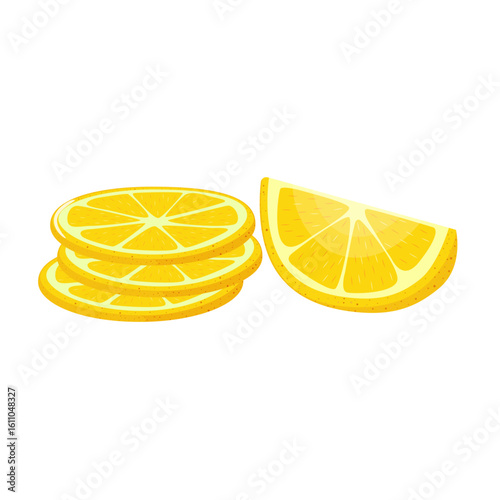 Yellow lemon with round slices and wedges on white background. Hand drawn.